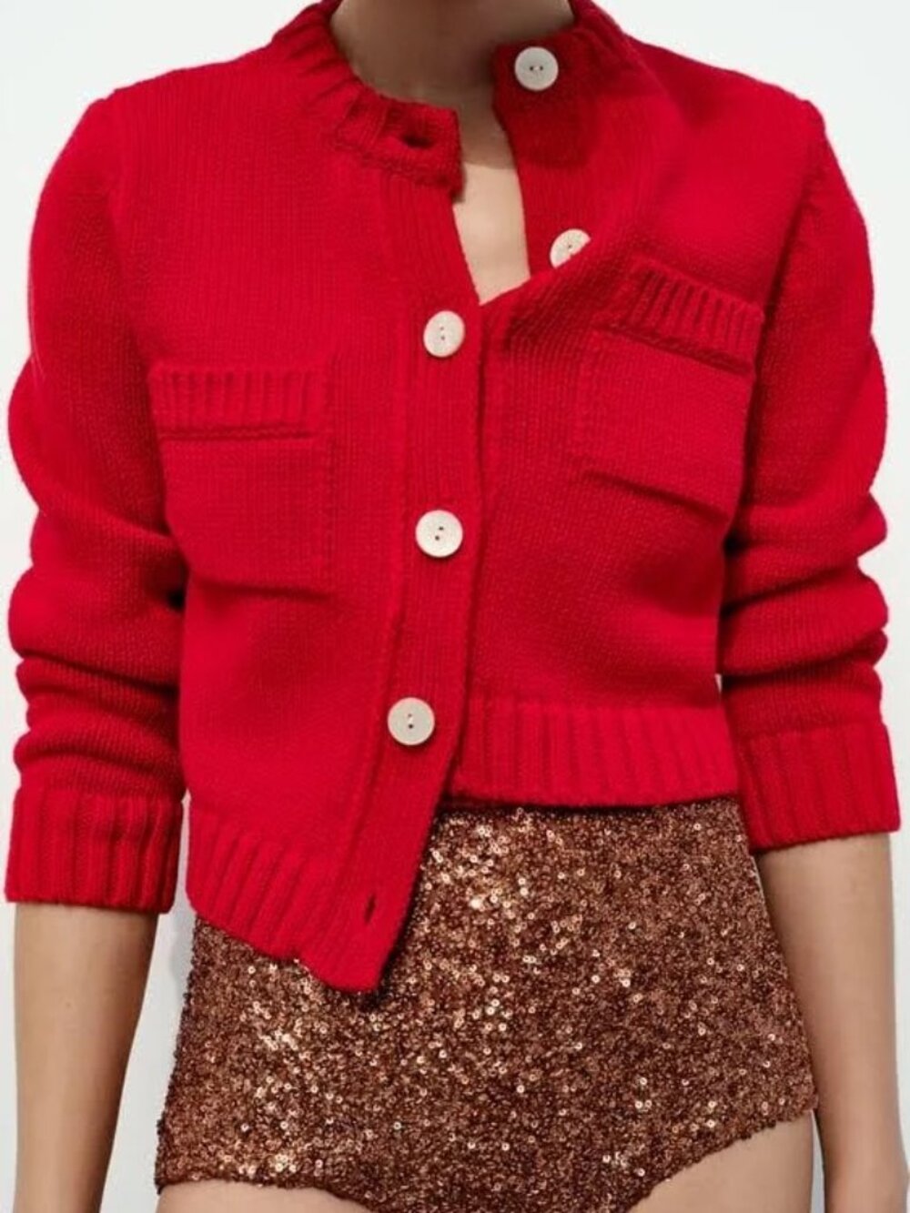 ZARA Red Pocket Knit Cardigan Sweater NWT Small
